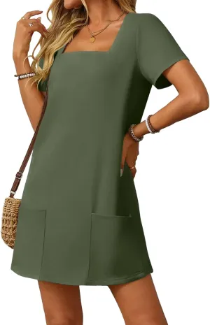 AlvaQ Womens Solid Color Casual Summer Square Neck Short Sleeve Mini Dresses with Pockets