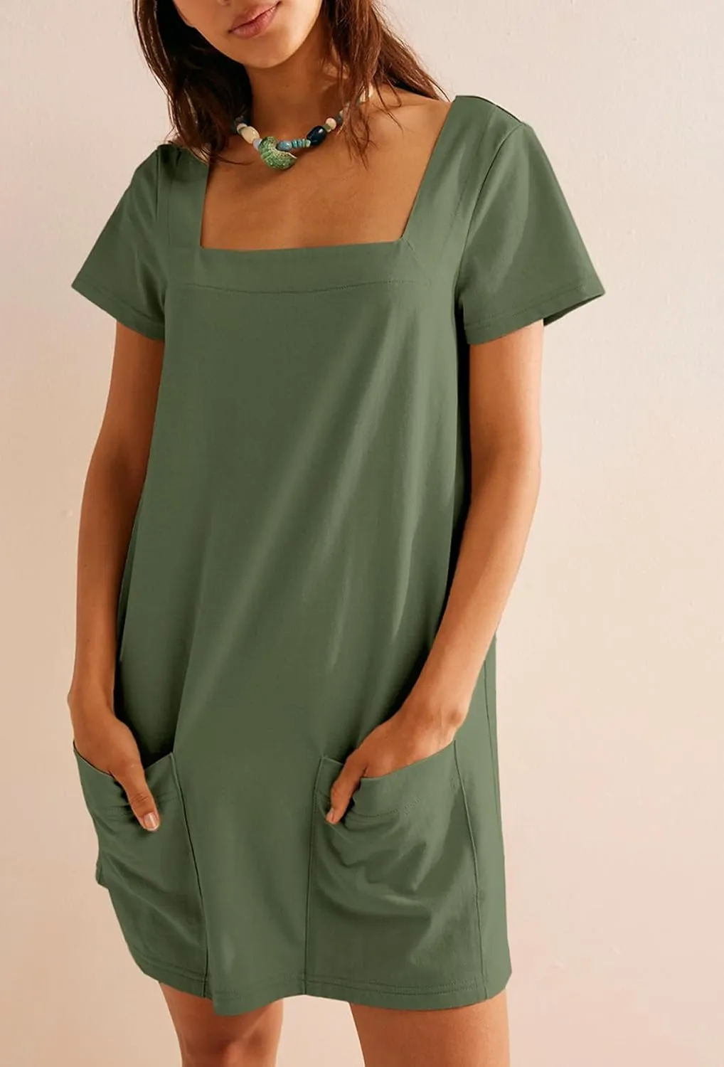 AlvaQ Womens Solid Color Casual Summer Square Neck Short Sleeve Mini Dresses with Pockets