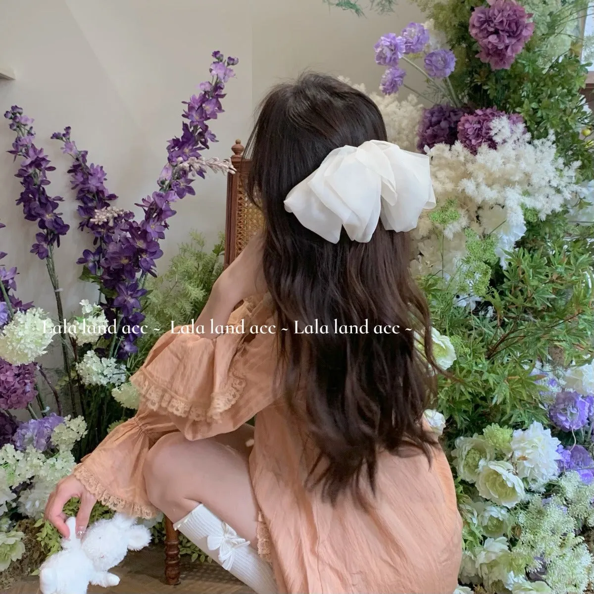 Chiffon mesh large bow French back head hair accessory