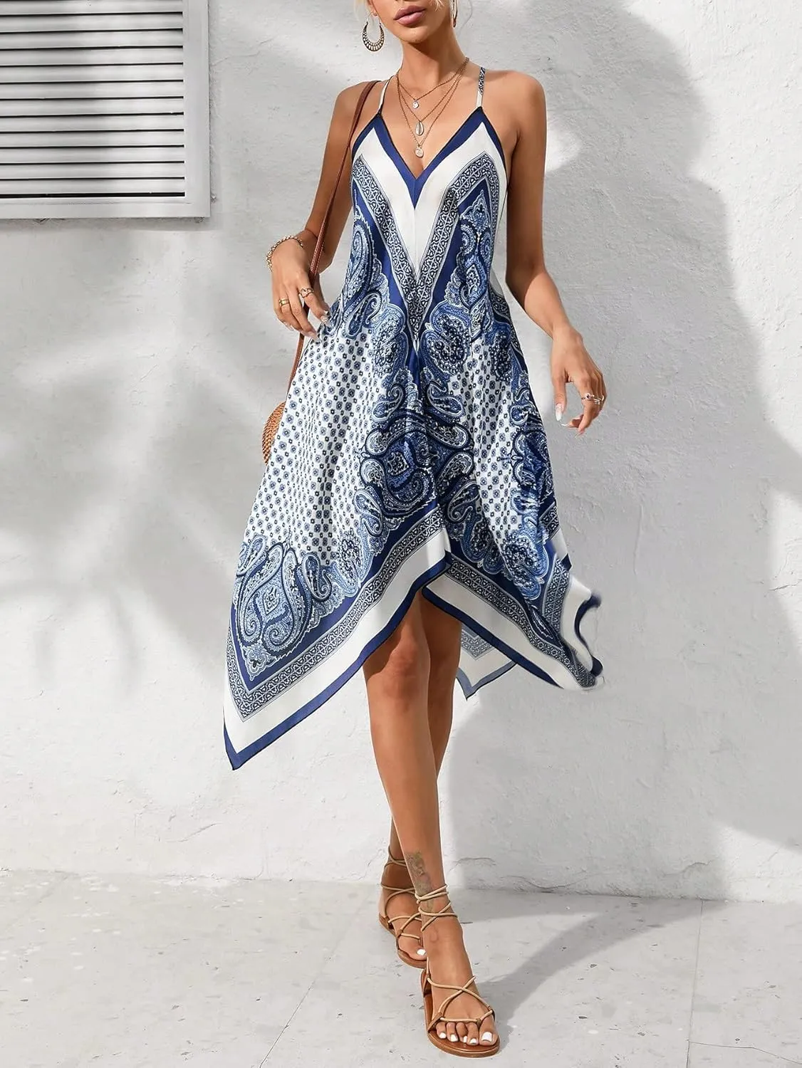 Floerns Women's Paisley Print Sleeveless Cami Dress Hanky Hem Asymmetrical Boho Dress