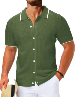LETSEE Mens Short Sleeve Button Down Shirts Knit Polo Shirt Summer Beach Tops Resort Wear 2025