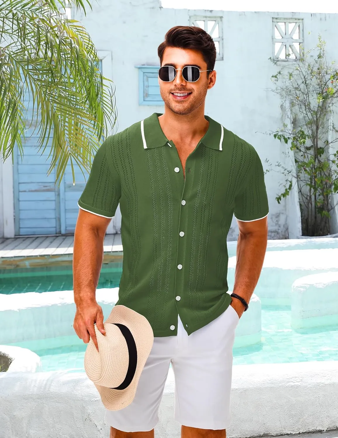 LETSEE Mens Short Sleeve Button Down Shirts Knit Polo Shirt Summer Beach Tops Resort Wear 2025