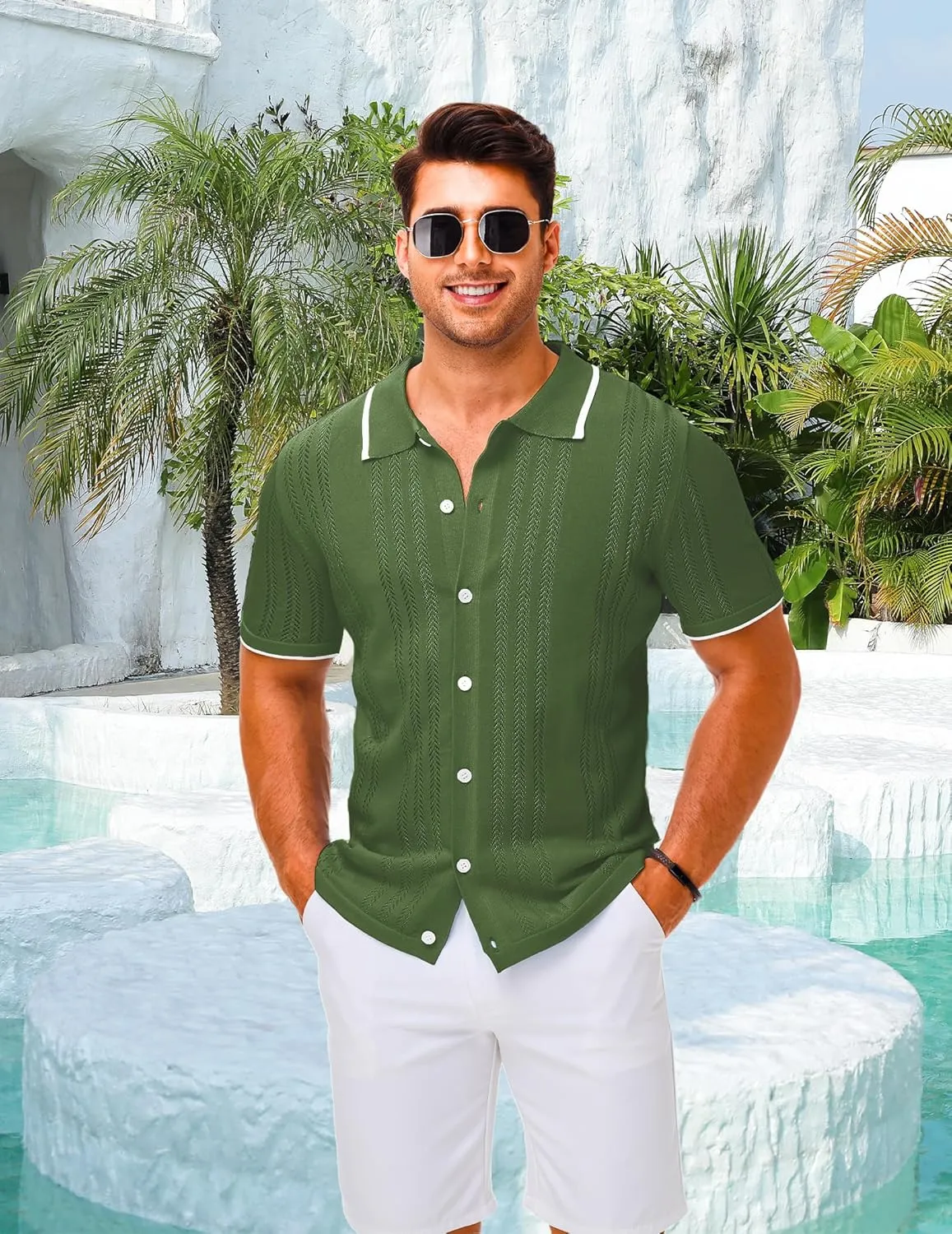 LETSEE Mens Short Sleeve Button Down Shirts Knit Polo Shirt Summer Beach Tops Resort Wear 2025