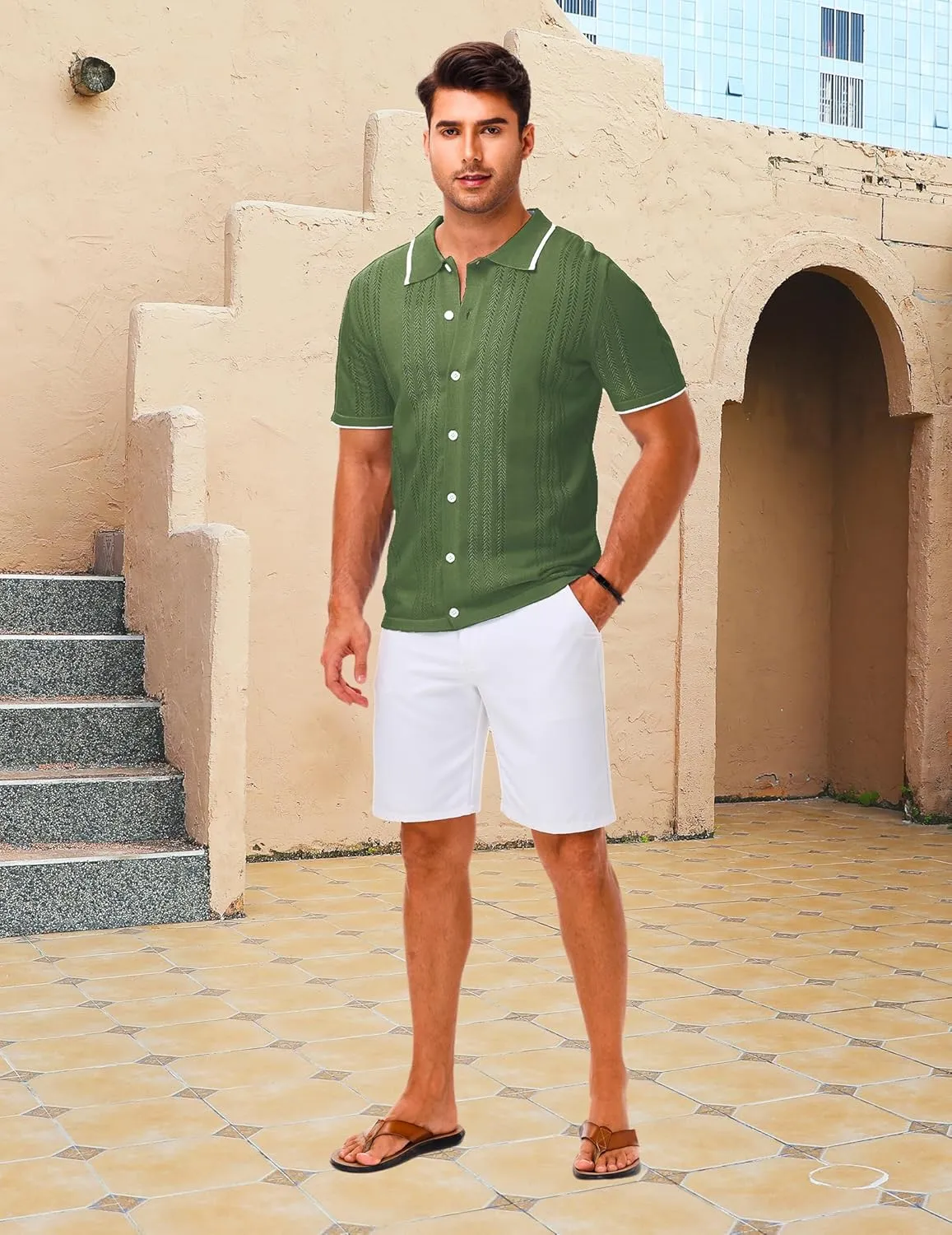 LETSEE Mens Short Sleeve Button Down Shirts Knit Polo Shirt Summer Beach Tops Resort Wear 2025
