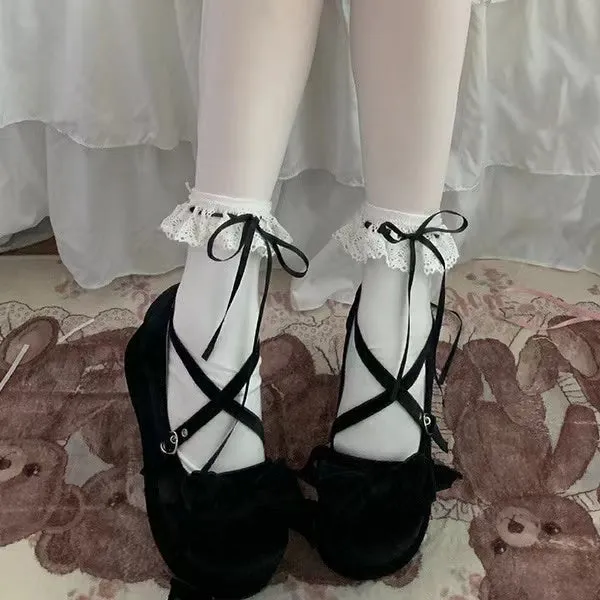 Lolita Sweet Lace Ribbon Bow Cute Mid-calf Socks