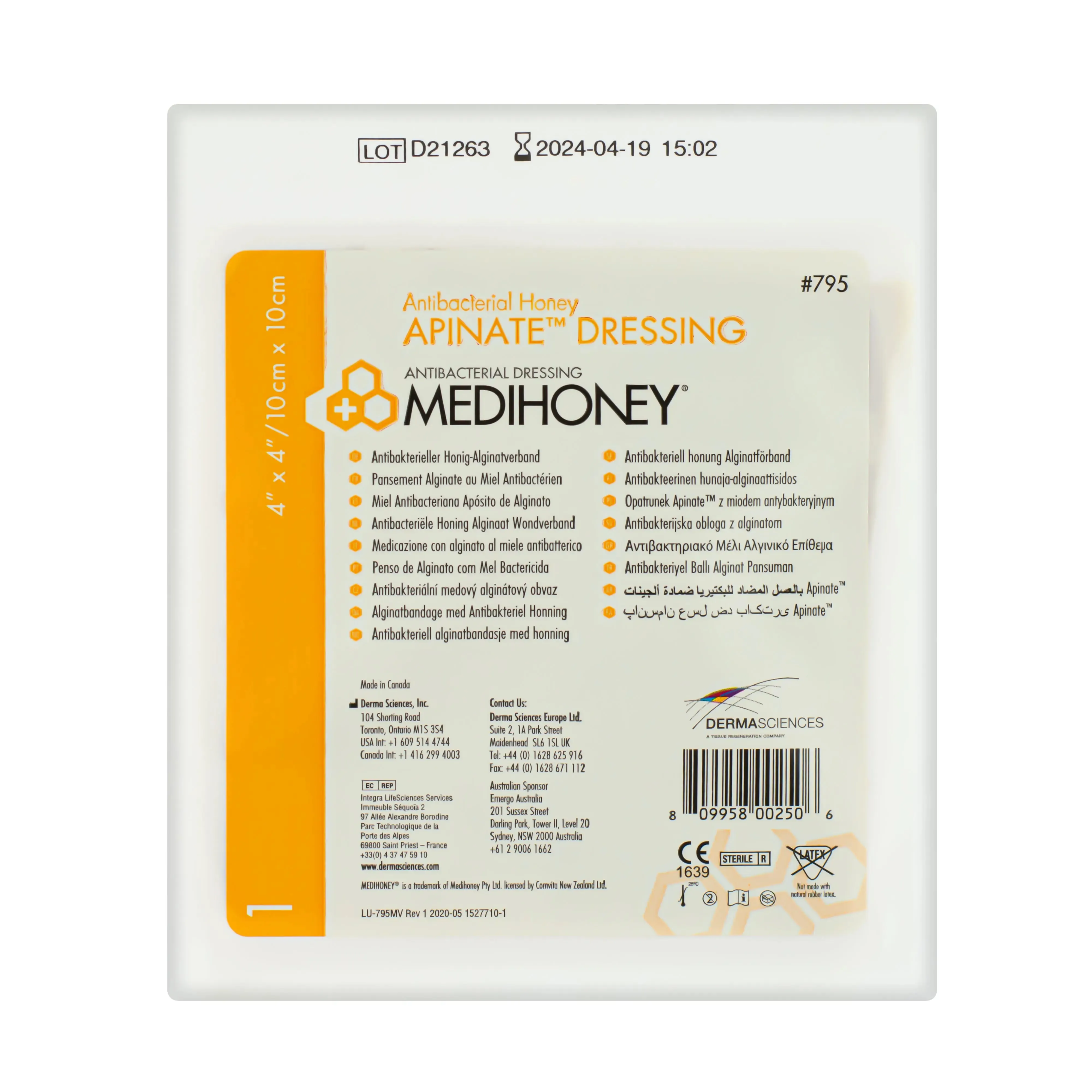 MediHoney Antibacterial Apinate Dressing - Active Leptospermum Manuka Honey (10cm x 10cm) (x5)