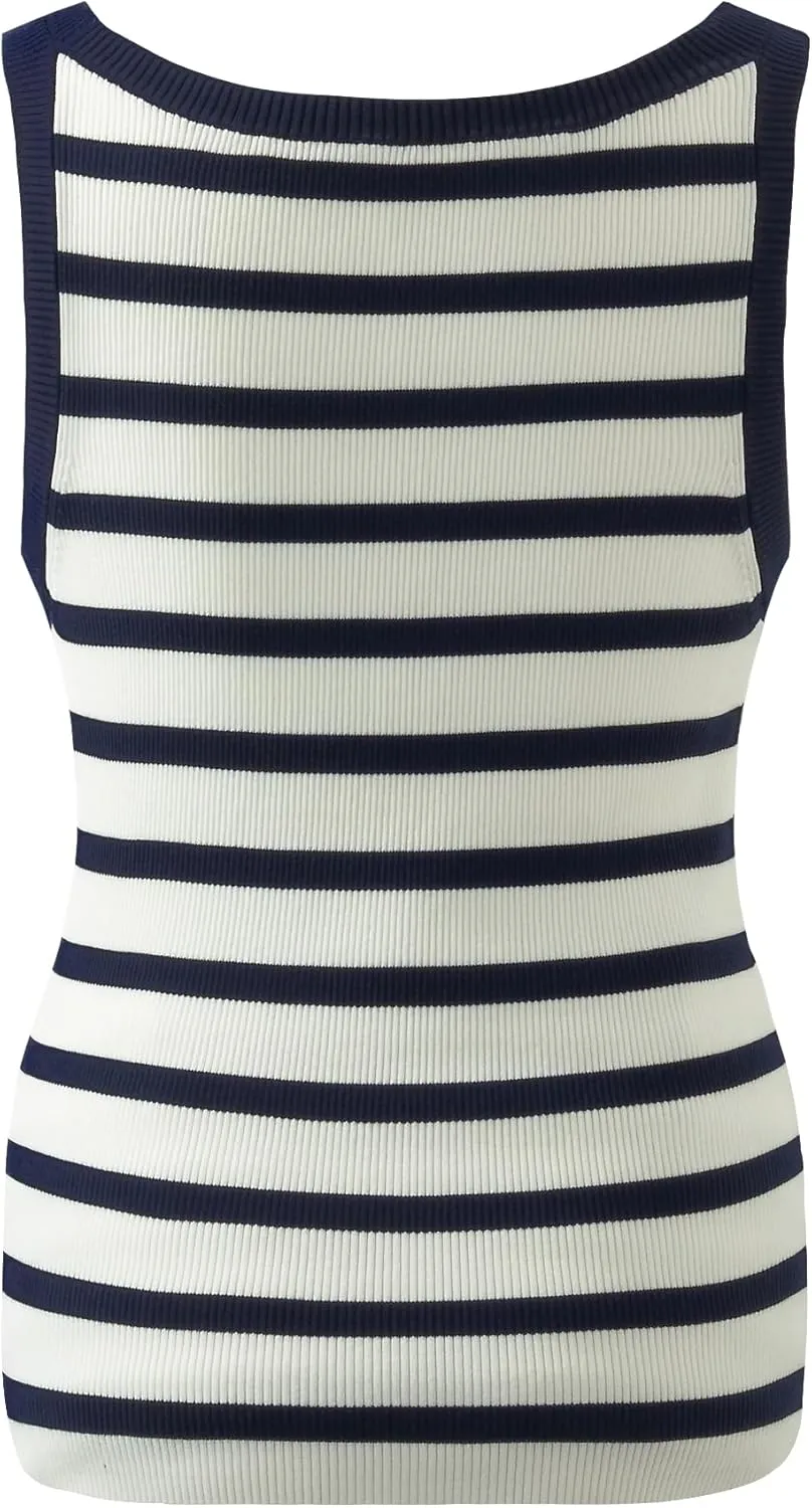Women's Sleeveless Tank Tops Striped Crew Neck Ribbed Knit Basic Cami Shirts for Daily Casual
