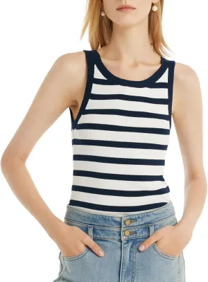 Women's Sleeveless Tank Tops Striped Crew Neck Ribbed Knit Basic Cami Shirts for Daily Casual