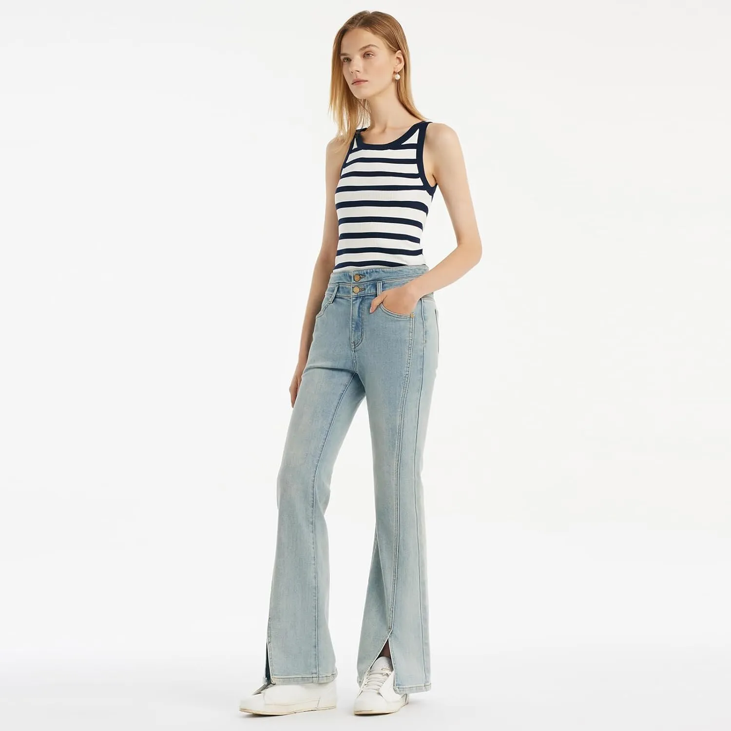 Women's Sleeveless Tank Tops Striped Crew Neck Ribbed Knit Basic Cami Shirts for Daily Casual