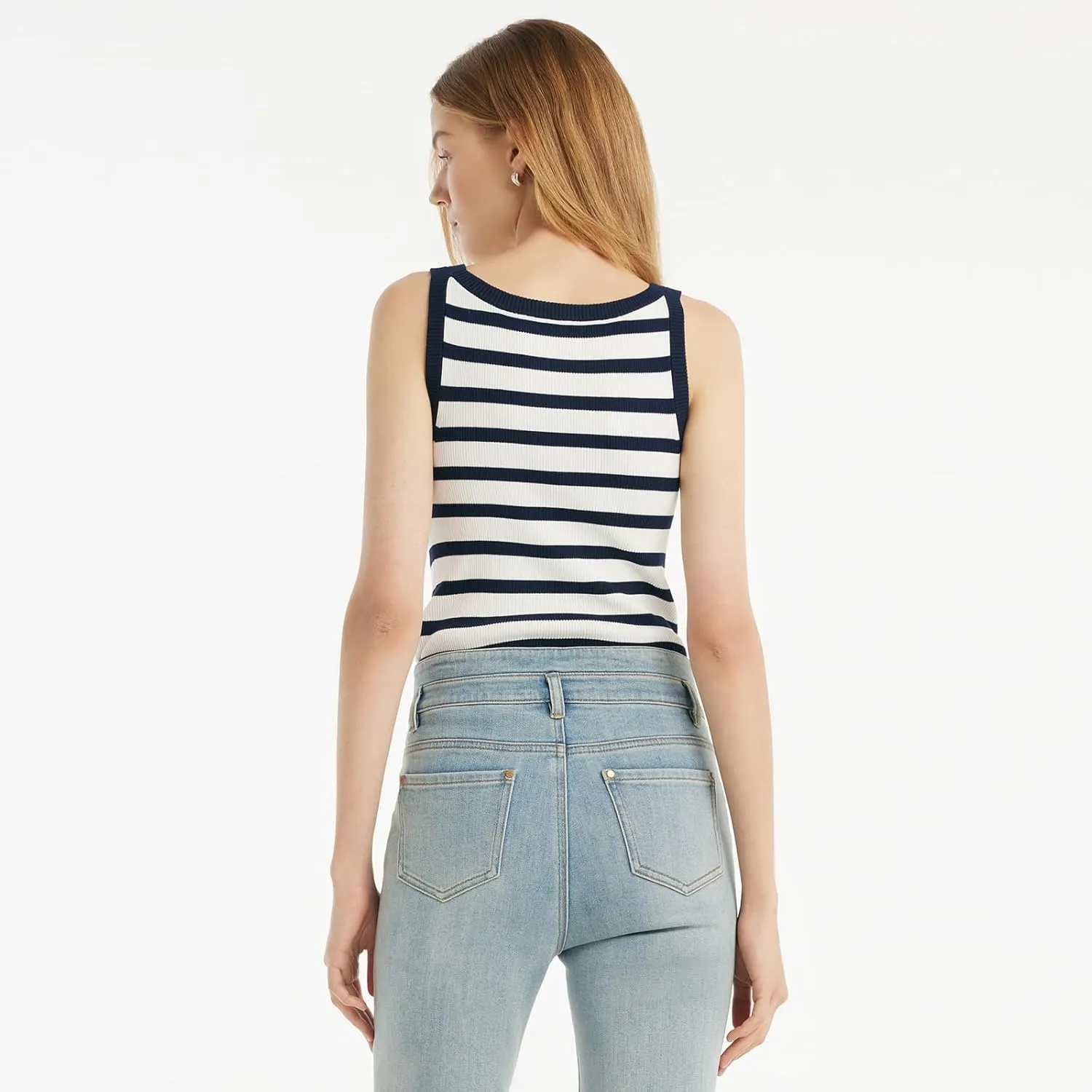 Women's Sleeveless Tank Tops Striped Crew Neck Ribbed Knit Basic Cami Shirts for Daily Casual