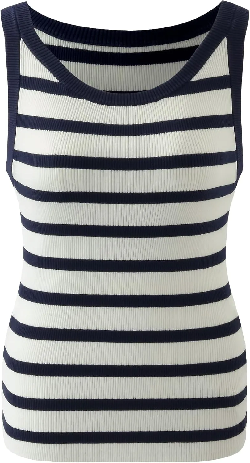 Women's Sleeveless Tank Tops Striped Crew Neck Ribbed Knit Basic Cami Shirts for Daily Casual