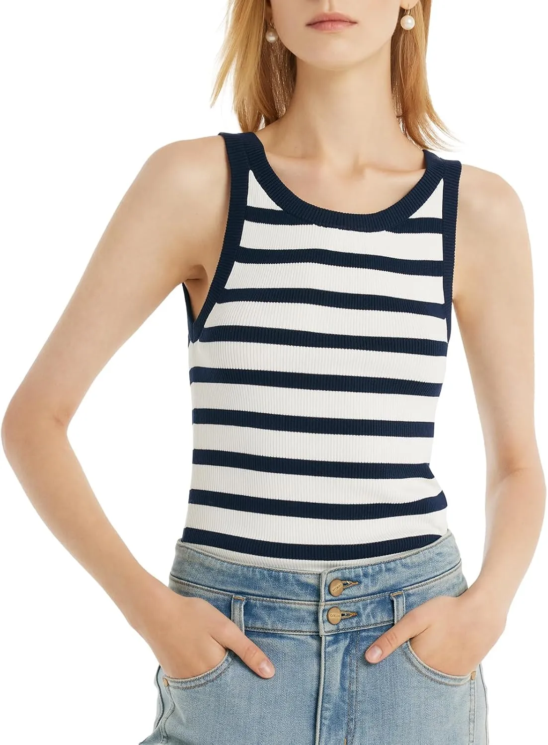 Women's Sleeveless Tank Tops Striped Crew Neck Ribbed Knit Basic Cami Shirts for Daily Casual