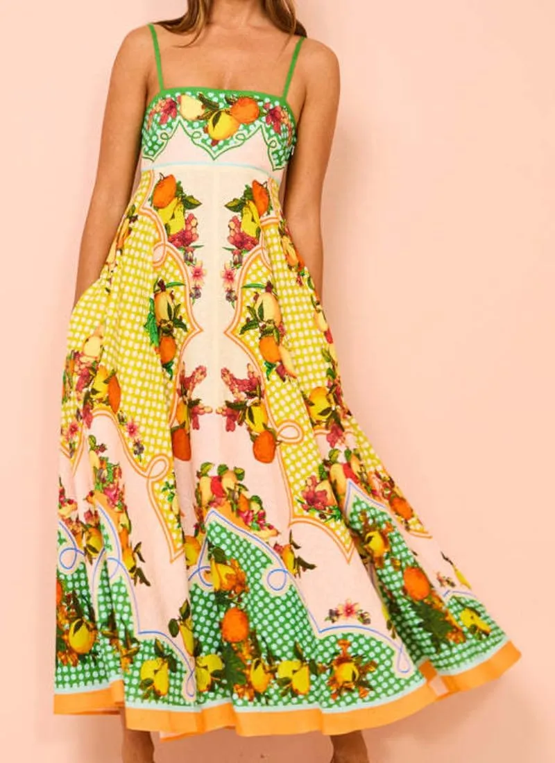 Women's Summer Sleeveless Floral Print Maxi Dress Square Neck Y2k Spaghetti Strap Dress Beach Sun Vacation Sundress