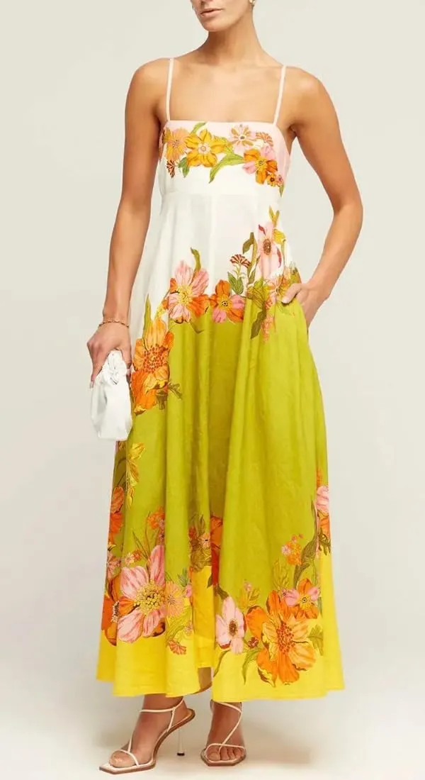 Women's Summer Sleeveless Floral Print Maxi Dress Square Neck Y2k Spaghetti Strap Dress Beach Sun Vacation Sundress