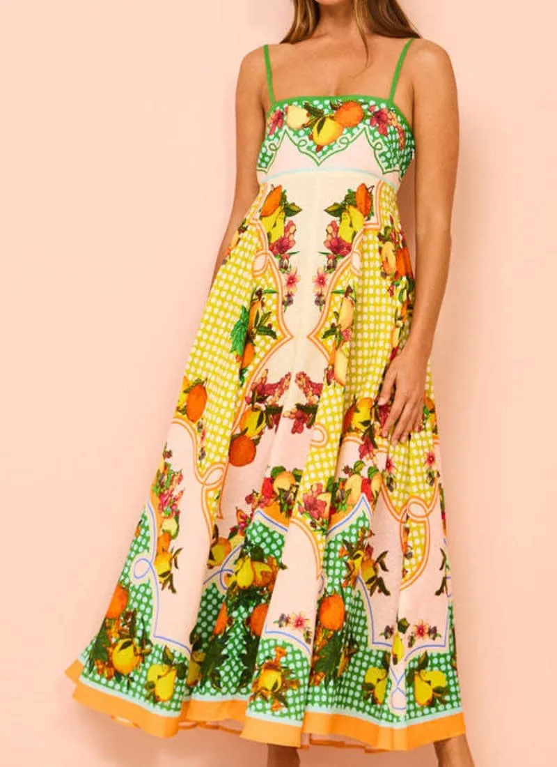 Women's Summer Sleeveless Floral Print Maxi Dress Square Neck Y2k Spaghetti Strap Dress Beach Sun Vacation Sundress