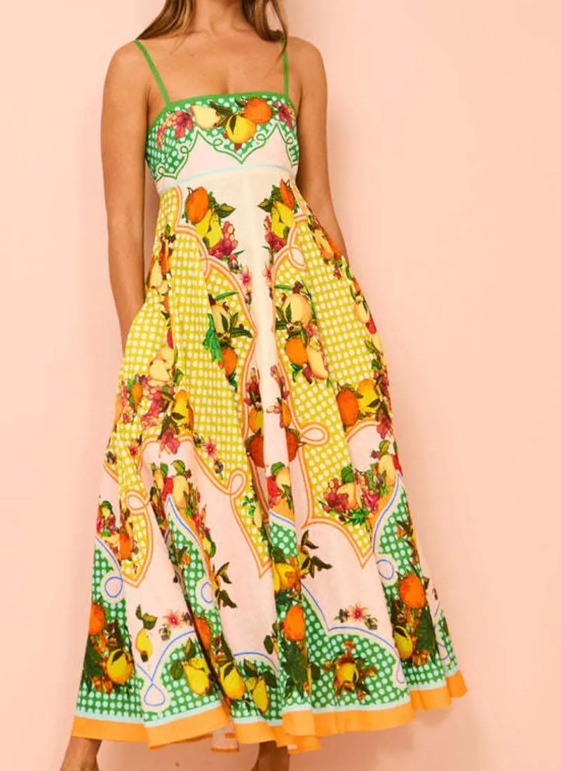 Women's Summer Sleeveless Floral Print Maxi Dress Square Neck Y2k Spaghetti Strap Dress Beach Sun Vacation Sundress