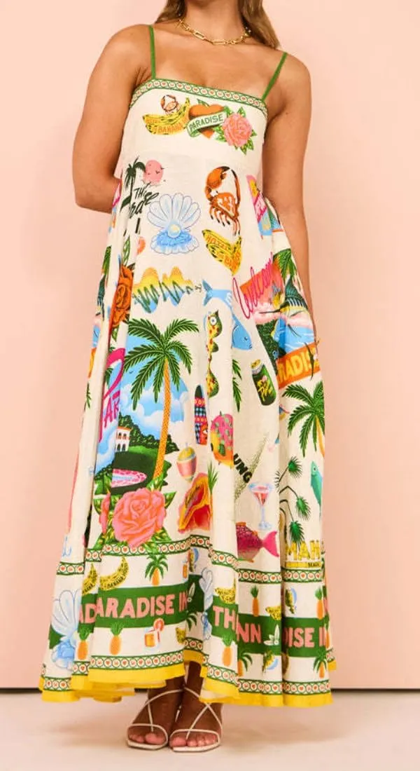 Women's Summer Sleeveless Floral Print Maxi Dress Square Neck Y2k Spaghetti Strap Dress Beach Sun Vacation Sundress