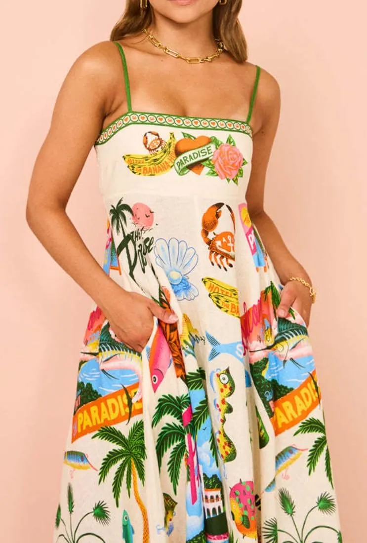 Women's Summer Sleeveless Floral Print Maxi Dress Square Neck Y2k Spaghetti Strap Dress Beach Sun Vacation Sundress