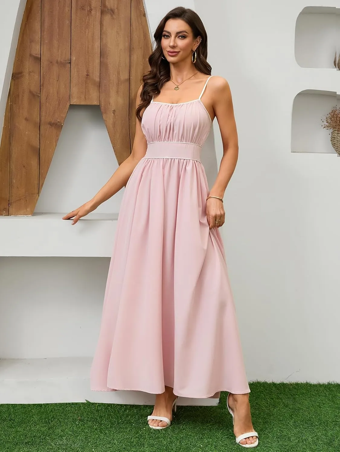 Women's Summer Sundress Solid Color Boho Beach A line Maxi Dress Adjustable Slim Straps Stretch Casual Maxi Dress