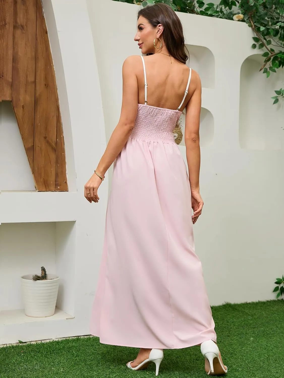 Women's Summer Sundress Solid Color Boho Beach A line Maxi Dress Adjustable Slim Straps Stretch Casual Maxi Dress