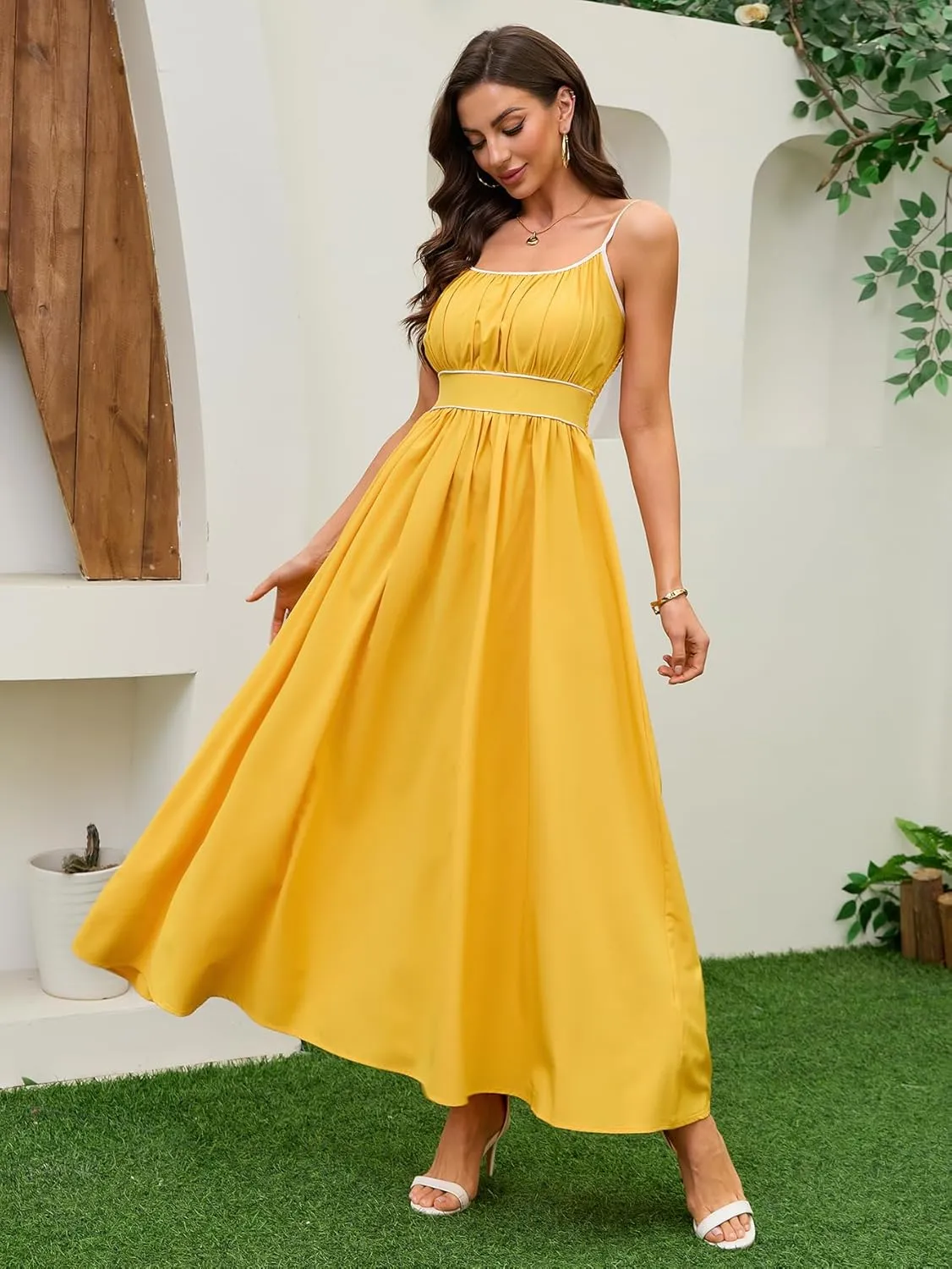 Women's Summer Sundress Solid Color Boho Beach A line Maxi Dress Adjustable Slim Straps Stretch Casual Maxi Dress