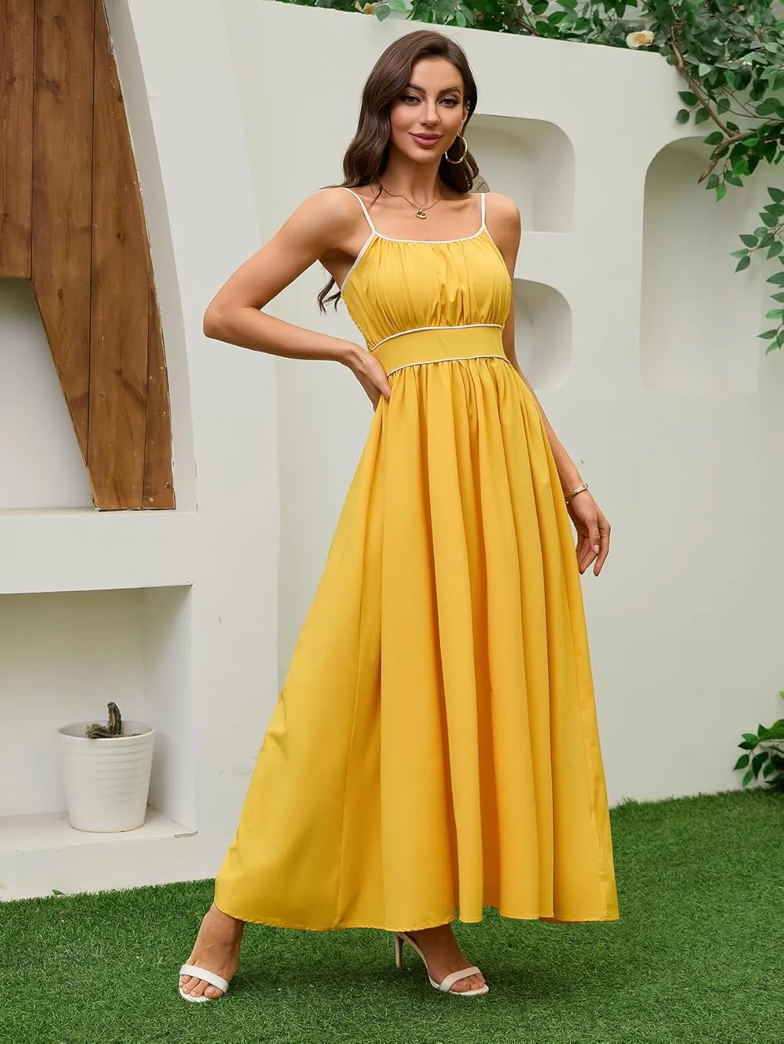 Women's Summer Sundress Solid Color Boho Beach A line Maxi Dress Adjustable Slim Straps Stretch Casual Maxi Dress