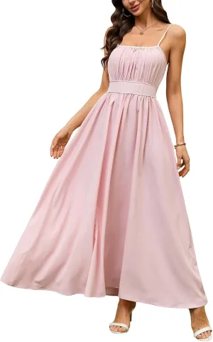 Women's Summer Sundress Solid Color Boho Beach A line Maxi Dress Adjustable Slim Straps Stretch Casual Maxi Dress