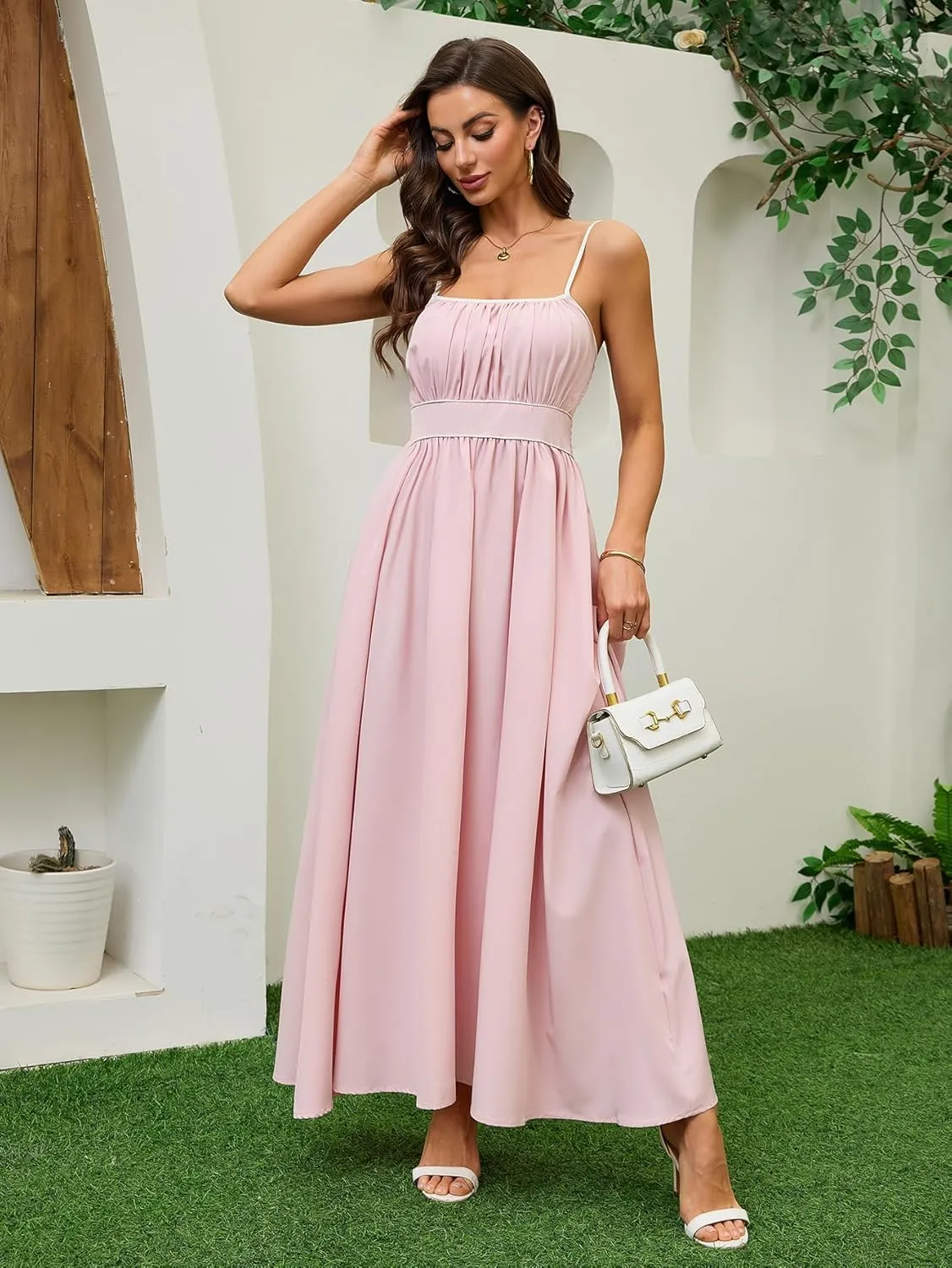 Women's Summer Sundress Solid Color Boho Beach A line Maxi Dress Adjustable Slim Straps Stretch Casual Maxi Dress