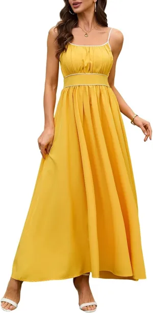 Women's Summer Sundress Solid Color Boho Beach A line Maxi Dress Adjustable Slim Straps Stretch Casual Maxi Dress