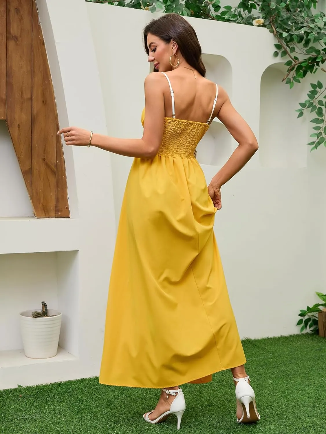 Women's Summer Sundress Solid Color Boho Beach A line Maxi Dress Adjustable Slim Straps Stretch Casual Maxi Dress