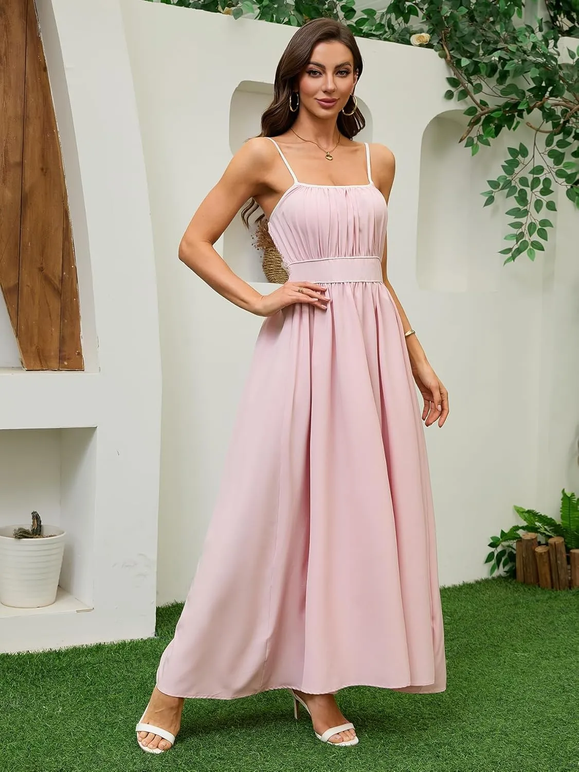 Women's Summer Sundress Solid Color Boho Beach A line Maxi Dress Adjustable Slim Straps Stretch Casual Maxi Dress