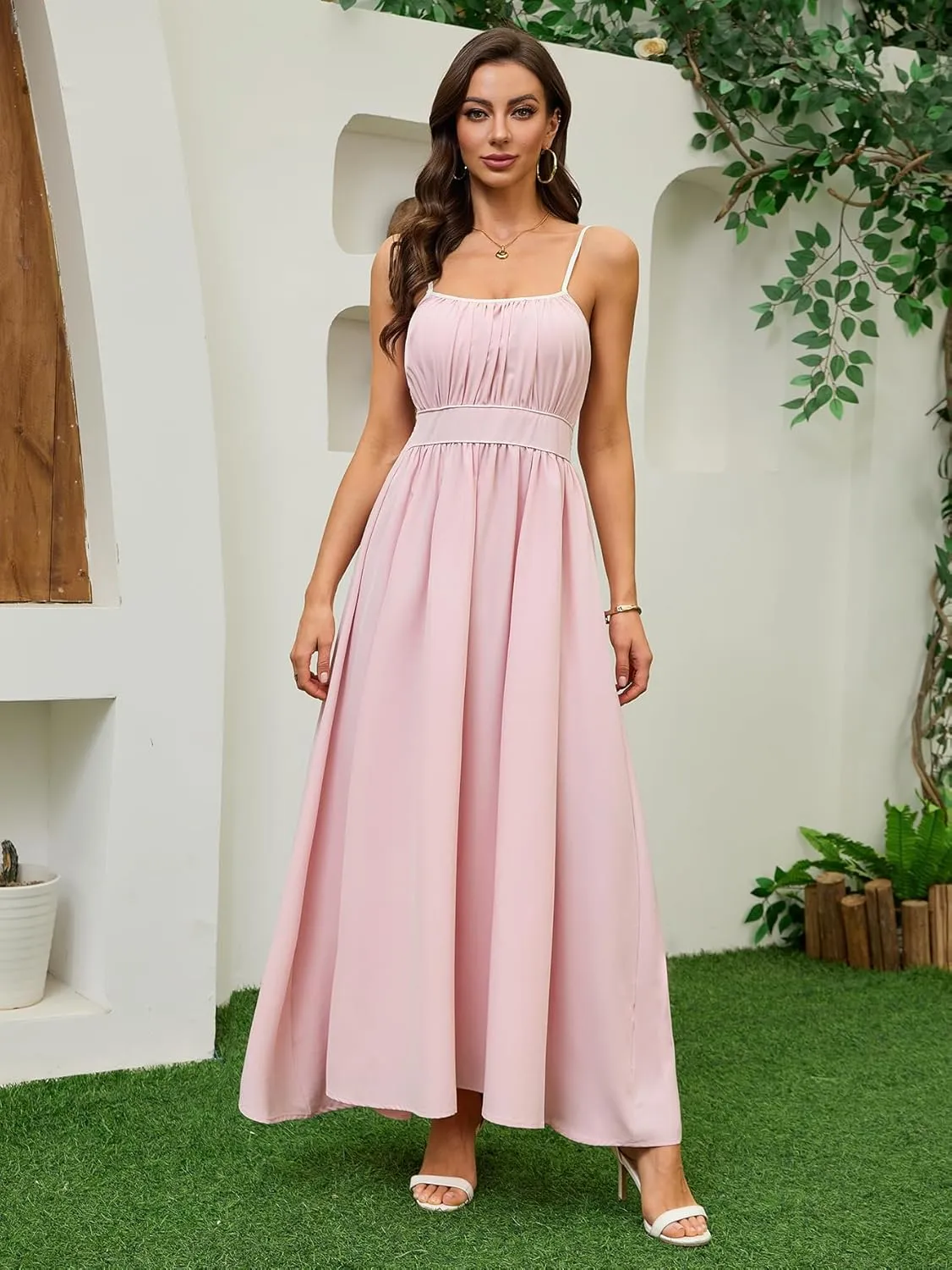 Women's Summer Sundress Solid Color Boho Beach A line Maxi Dress Adjustable Slim Straps Stretch Casual Maxi Dress