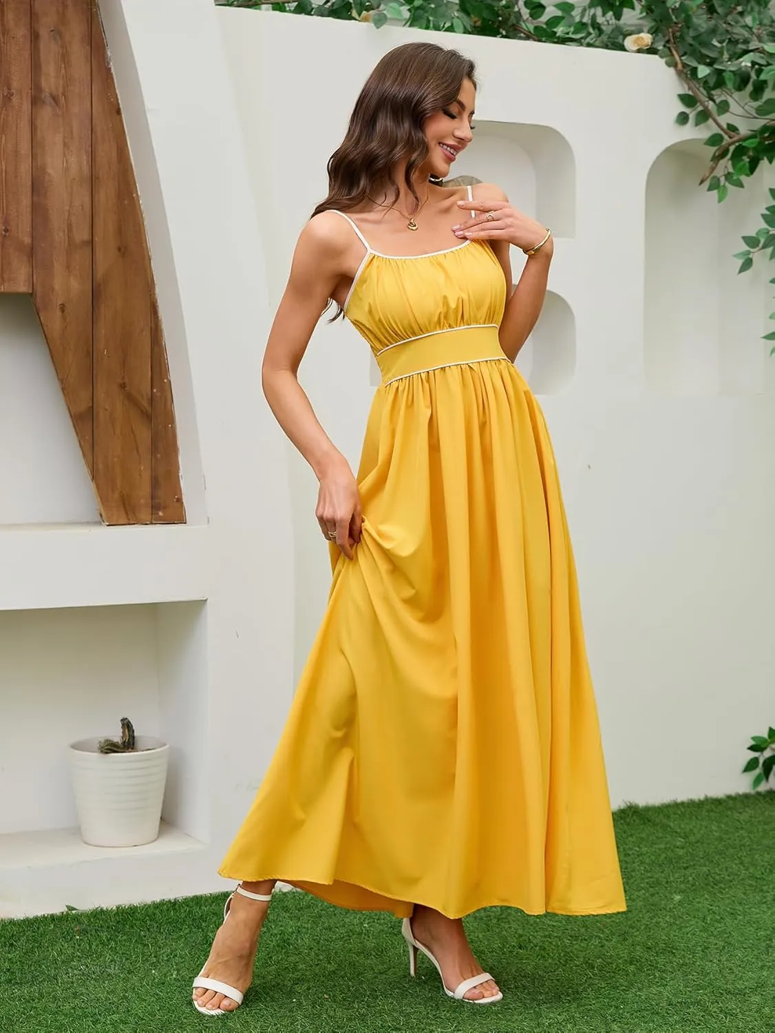 Women's Summer Sundress Solid Color Boho Beach A line Maxi Dress Adjustable Slim Straps Stretch Casual Maxi Dress
